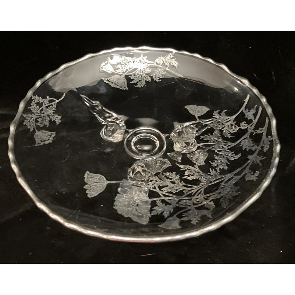 VTG Silver City Flanders Silver Overlay Glass Footed Tray Poppy Floral Design
